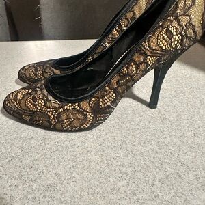 White House Black Market Black and Gold Lace Heels